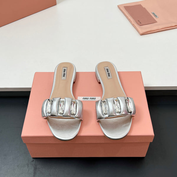 Miu Slipper 10mm con diamanti in pelle argento 223453