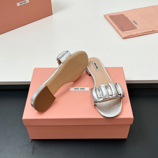 Miu Slipper 10mm con diamanti in pelle argento 223453