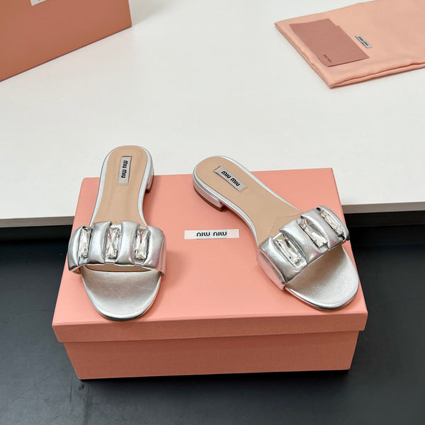 Miu Slipper 10mm con diamanti in pelle argento 223453