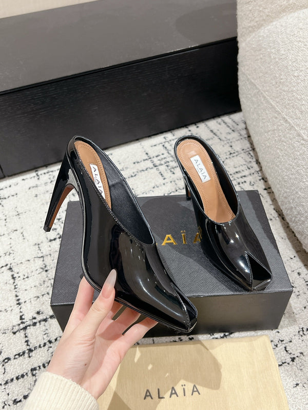 Alaia 25 Spike High Heel Mules Glossy Black Lampskin 293184