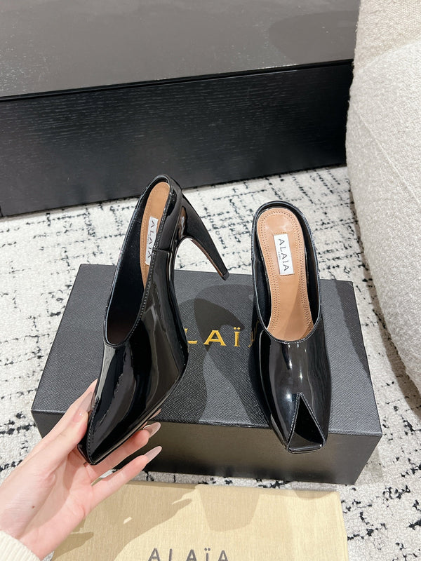 Alaia 25 Spike High Heel Mules Glossy Black Lampskin 293184