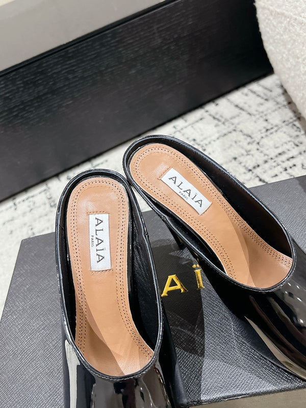 Alaia 25 Spike High Heel Mules Glossy Black Lampskin 293184