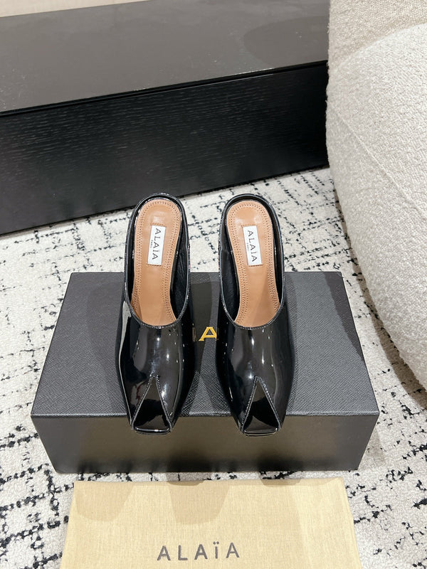 Alaia 25 Spike High Heel Mules Glossy Black Lampskin 293184
