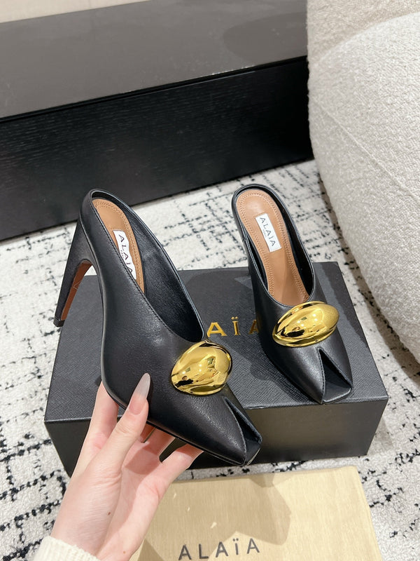 Alaia 25 Azzedine High Heels Mules With Gold Hardware Black Calfskin 293185