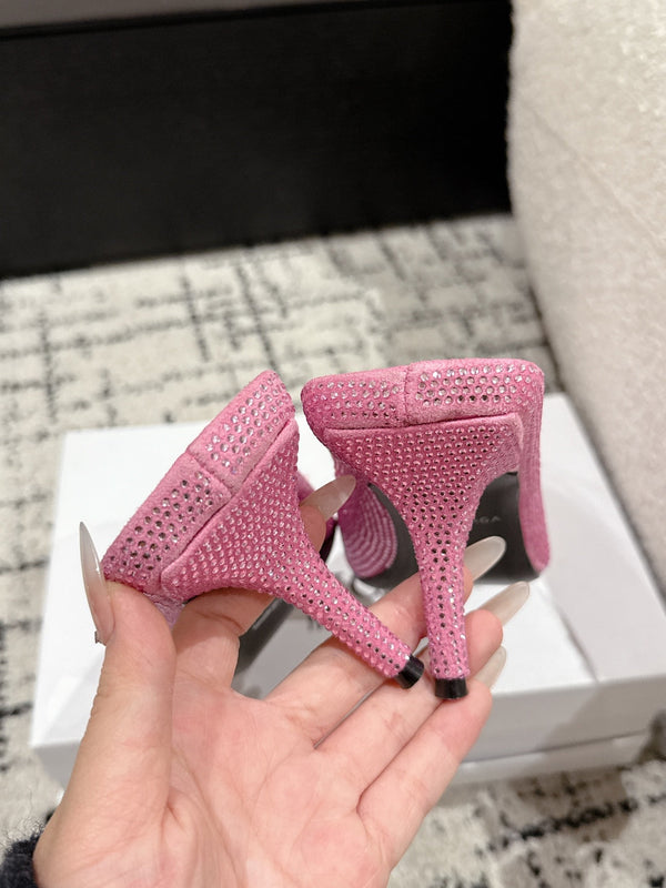 KNIFE 65MM HIGH MULE IN SHOCKING PINK SUEDE ATTACHED FULL CRYSTALS