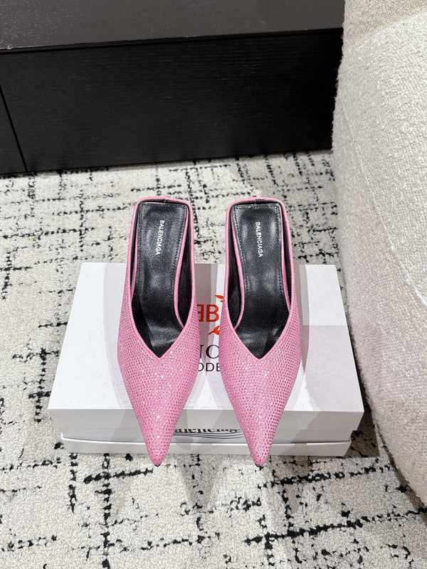 KNIFE 65MM HIGH MULE IN SHOCKING PINK SUEDE ATTACHED FULL CRYSTALS