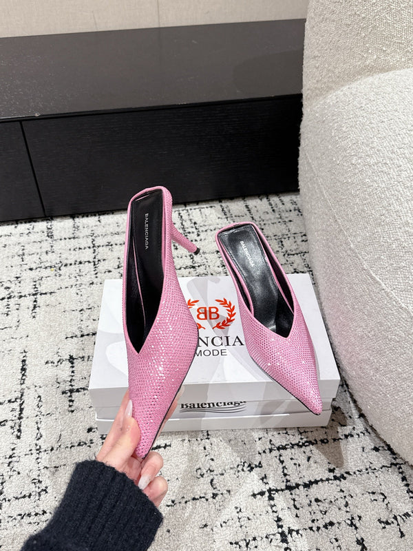 KNIFE 65MM HIGH MULE IN SHOCKING PINK SUEDE ATTACHED FULL CRYSTALS