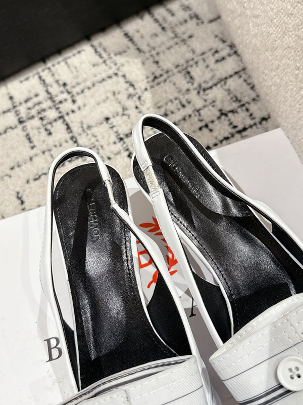 CAMICIA KNIFE 45MM SLINGBACK IN MISTO BIANCO COTONE NERO E PELLE DI VITELLO