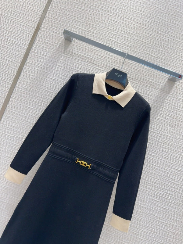 Celine 2025 A-line Dress Black mix White Tencel cotton