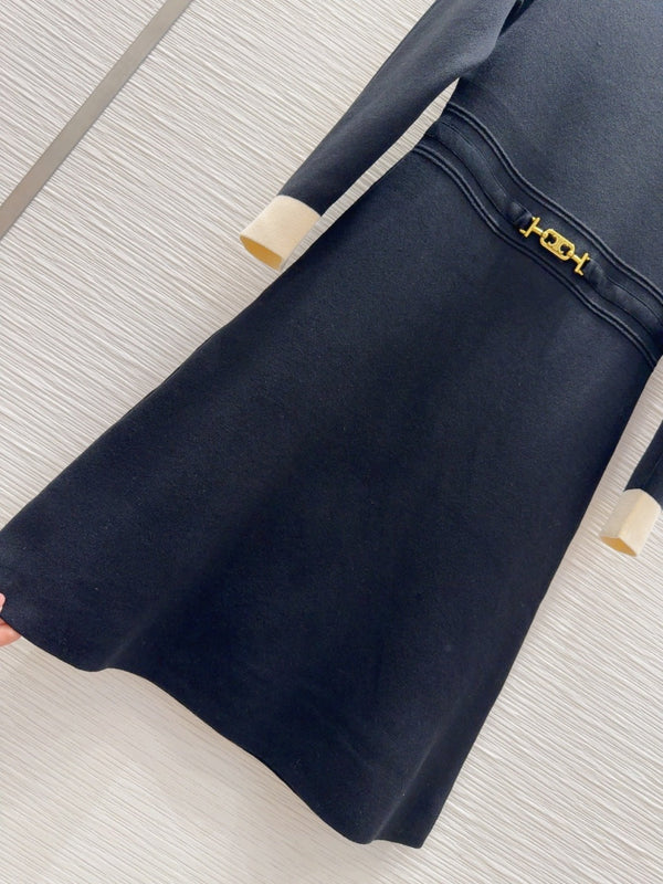 Celine 2025 A-line Dress Black mix White Tencel cotton