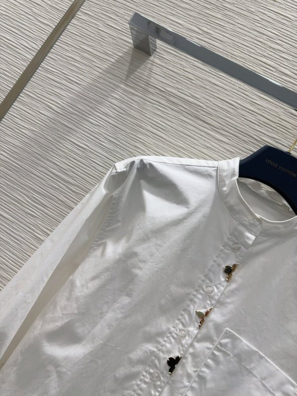 LV 25 Long Sleeve Mandarin Collar Shirt White Cotton