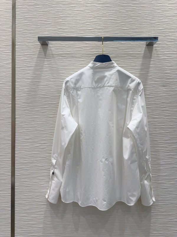 LV 25 Long Sleeve Mandarin Collar Shirt White Cotton