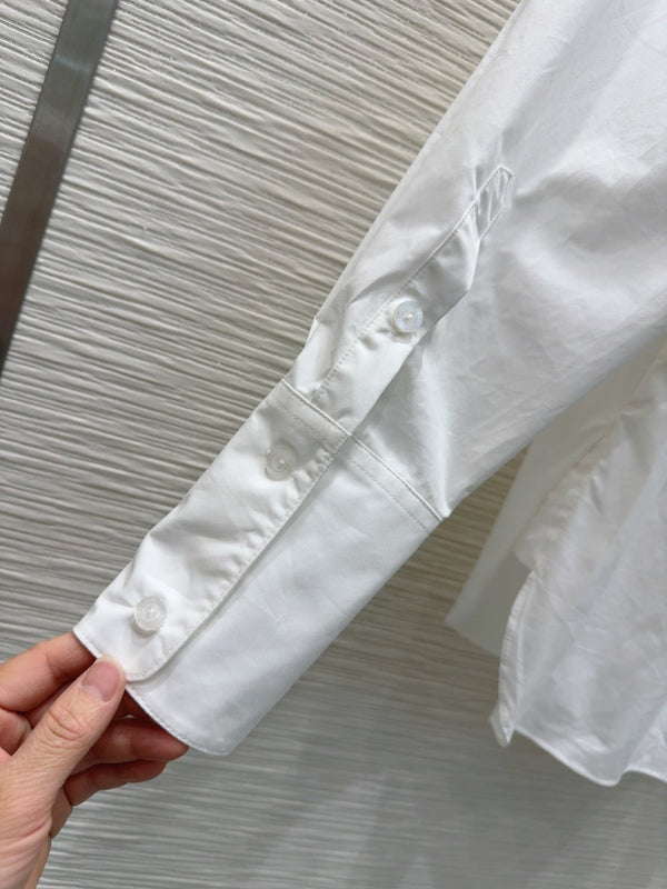 LV 25 Long Sleeve Mandarin Collar Shirt White Cotton