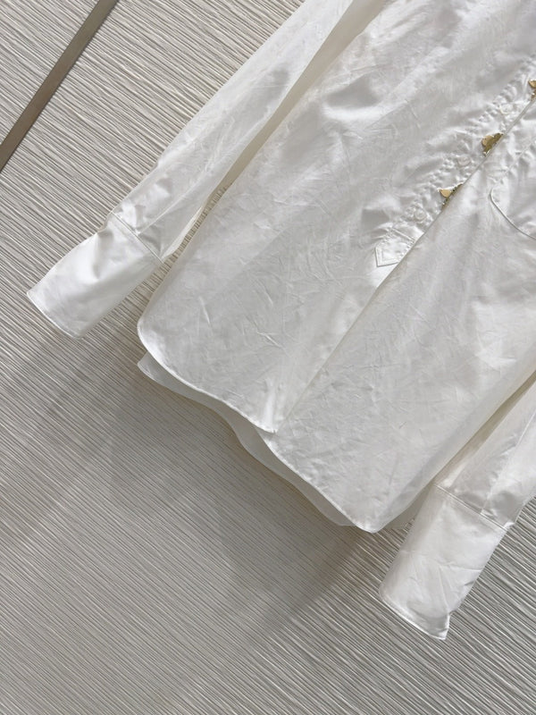 LV 25 Long Sleeve Mandarin Collar Shirt White Cotton