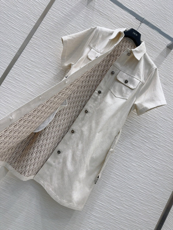 CD 2025 Short-sleeved Shirt Dress Light Beige Cotton
