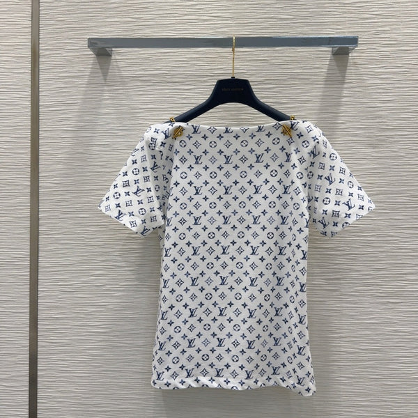 LV 25 Simple T-Shirt White Blue Cotton