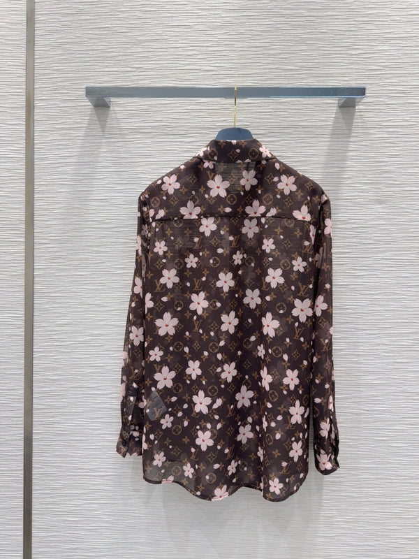 LV 25 Camicia a fiori leggermente trasparente in poliestere marrone