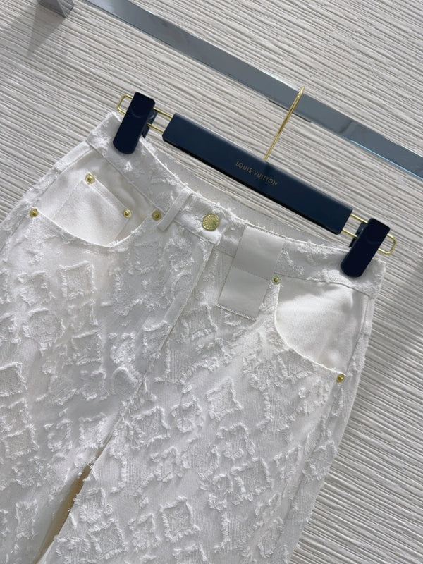 LV 25S Metal Pants Zipper Pants White Cotton