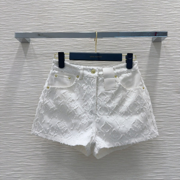 LV 25S Metal Pants Zipper Shorts White Cotton