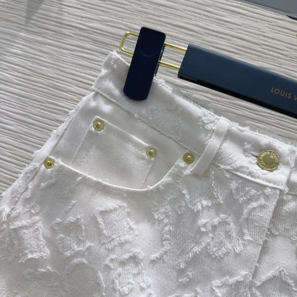 LV 25S Metal Pants Zipper Shorts White Cotton