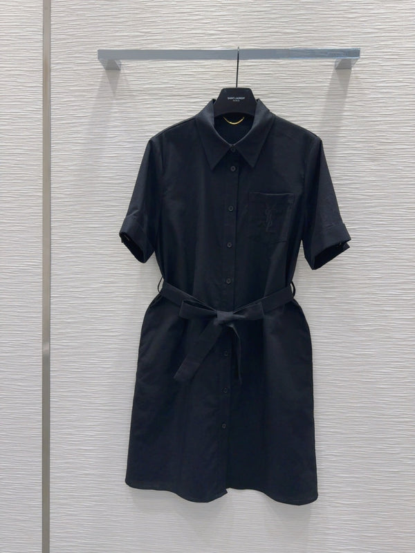 YSL 2025 Abito camicia in lino e cotone nero
