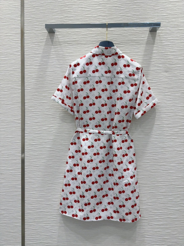 LV 25S Cherry Printed Dress White Red Poliester