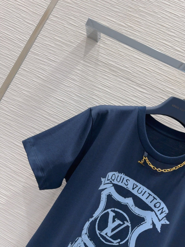 LV 25 Metal Zipper Decoration On The Left Shoulder Dress Blue Cotton