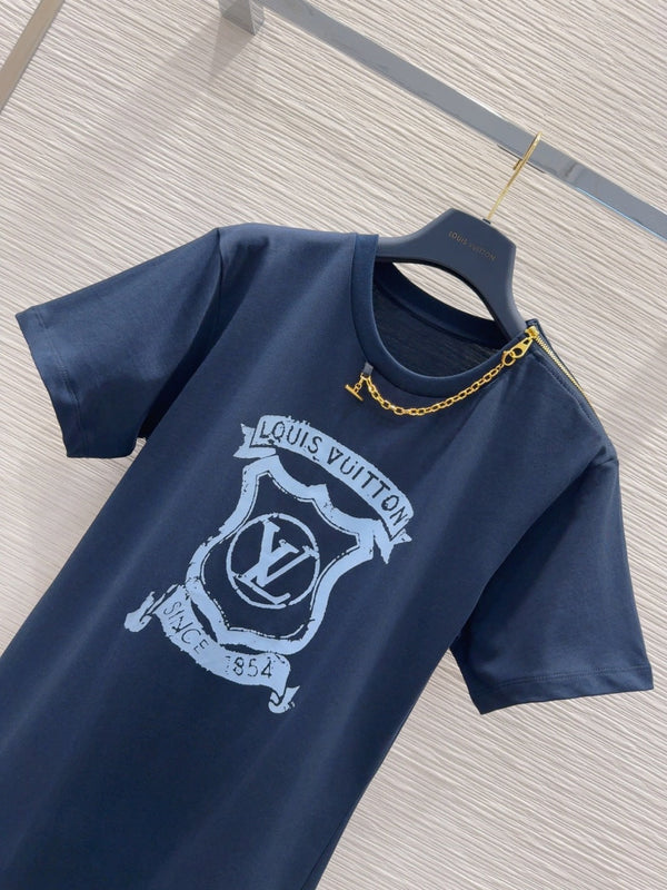 LV 25 Metal Zipper Decoration On The Left Shoulder Dress Blue Cotton