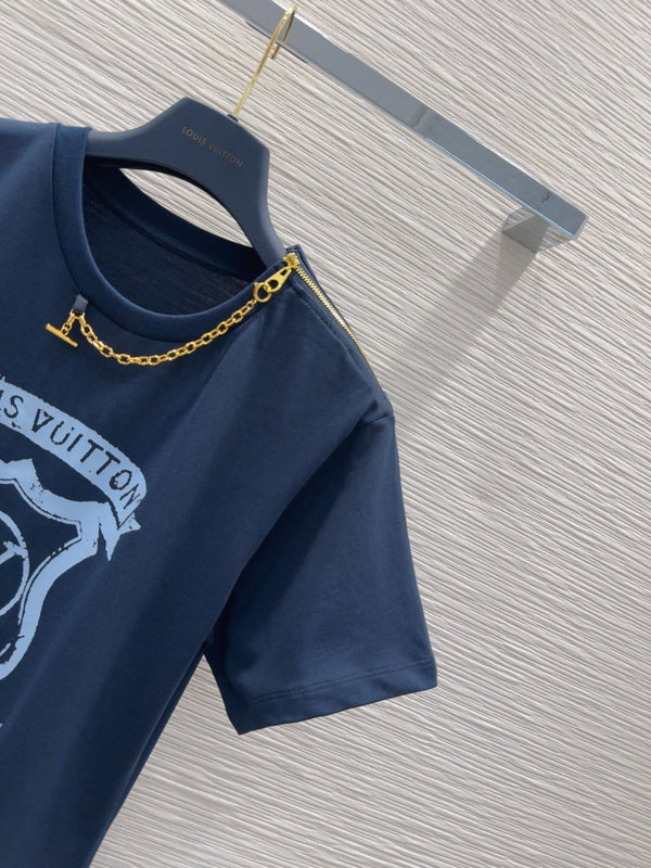 LV 25 Metal Zipper Decoration On The Left Shoulder Dress Blue Cotton