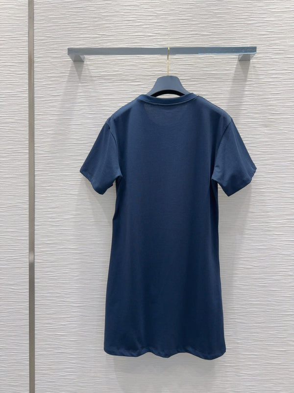 LV 25 Metal Zipper Decoration On The Left Shoulder Dress Blue Cotton