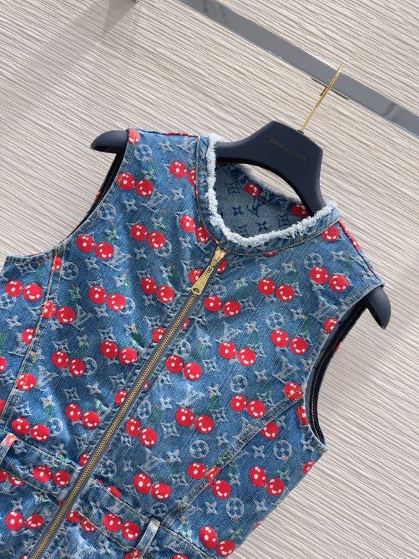 LV 25 Cherry Denim Vest Abito Blu Cotone