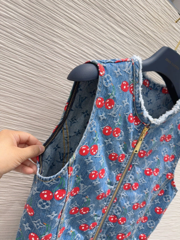 LV 25 Cherry Denim Vest Abito Blu Cotone