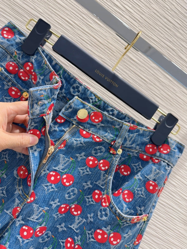 LV 25 Cherry Denim Pants Blue Cotton