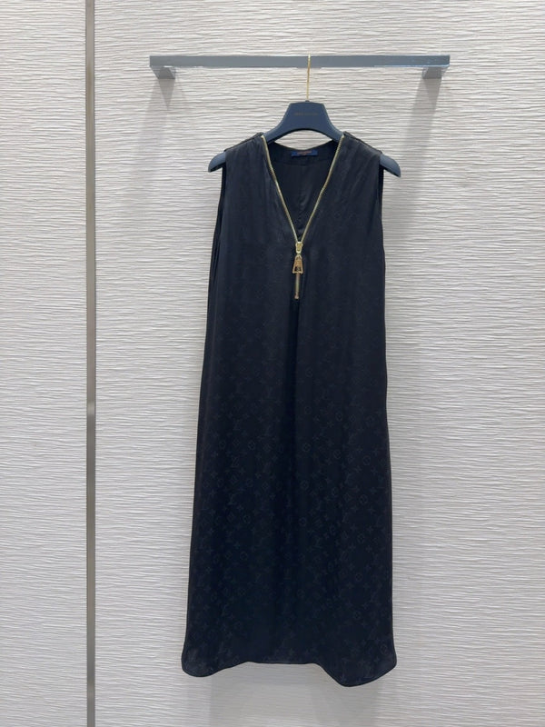 LV 25 Custom Zipper Collar Dress Black White Viscose Rayon