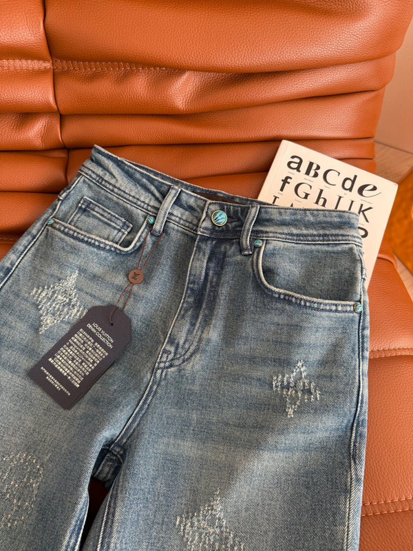 LV 25 Ripped Craft Monochrome Straight-Leg Jeans Blue Cotton