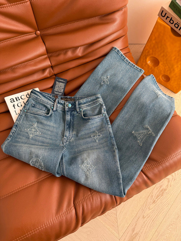LV 25 Ripped Craft Monochrome Straight-Leg Jeans Blue Cotton