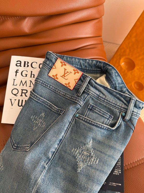 LV 25 Ripped Craft Monochrome Straight-Leg Jeans Blue Cotton