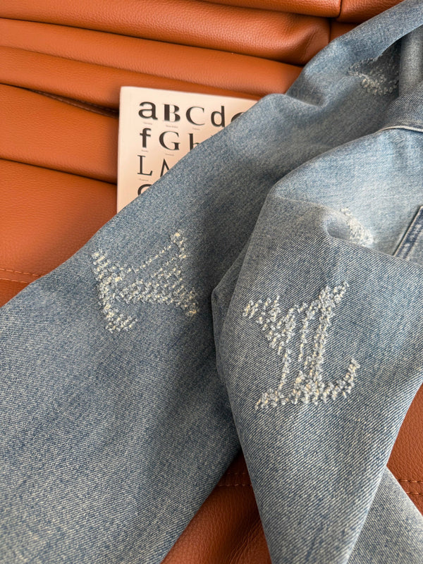 LV 25 Ripped Craft Monochrome Straight-Leg Jeans Blue Cotton
