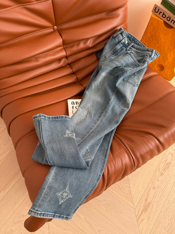 LV 25 Ripped Craft Monochrome Straight-Leg Jeans Blue Cotton