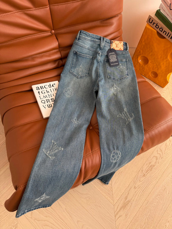 LV 25 Ripped Craft Monochrome Straight-Leg Jeans Blue Cotton