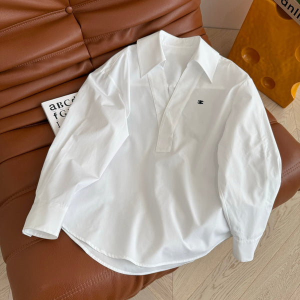 Celine 25 Arc de Triomphe Logo Embroidered V-neck Shirt White Cotton