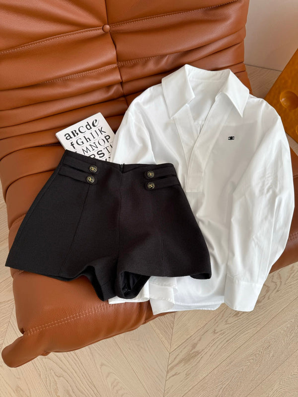 Celine 25 Arc de Triomphe Logo Embroidered V-neck Shirt White Cotton