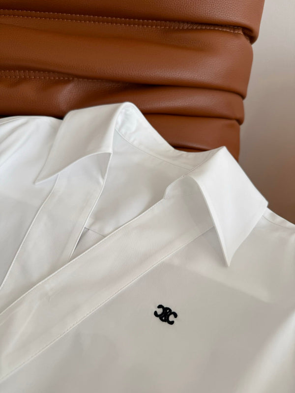 Celine 25 Arc de Triomphe Logo Embroidered V-neck Shirt White Cotton