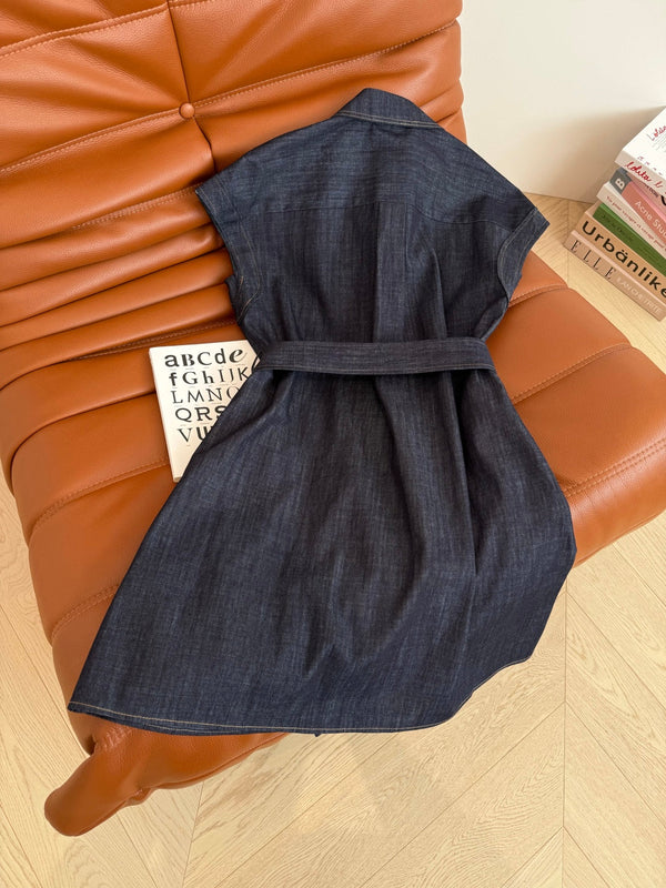 CD 25 Short-sleeved Denim Dress Indigo Blue Cotton