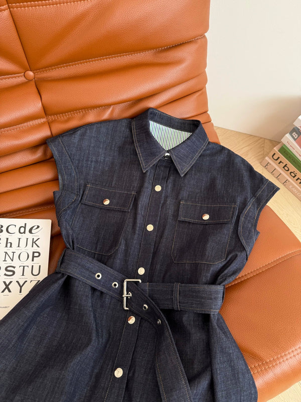 CD 25 Short-sleeved Denim Dress Indigo Blue Cotton