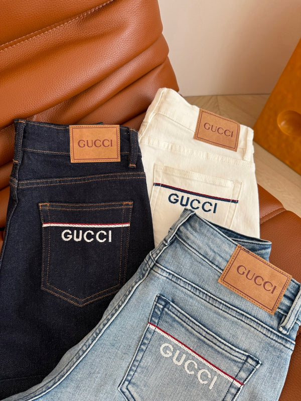 Gucci 25 Logo Embroidered Rolled-hem Denim Shorts Cotton