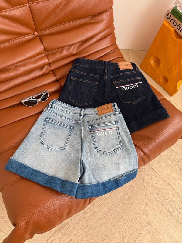 Gucci 25 Logo Embroidered Rolled-hem Denim Shorts Cotton