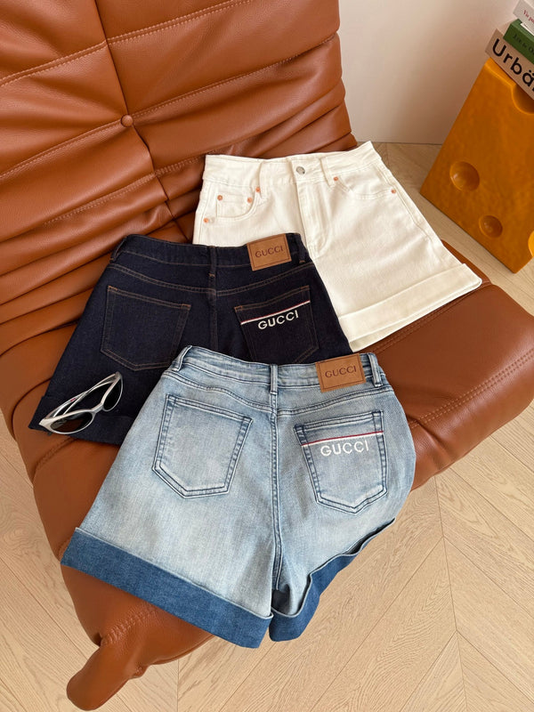 Gucci 25 Logo Embroidered Rolled-hem Denim Shorts Cotton