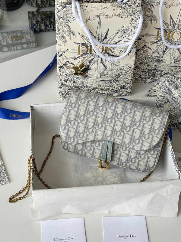 CD Medium Saddle Pouch with Chain 21.5cm Grayish Jacquard Cowhide GHW