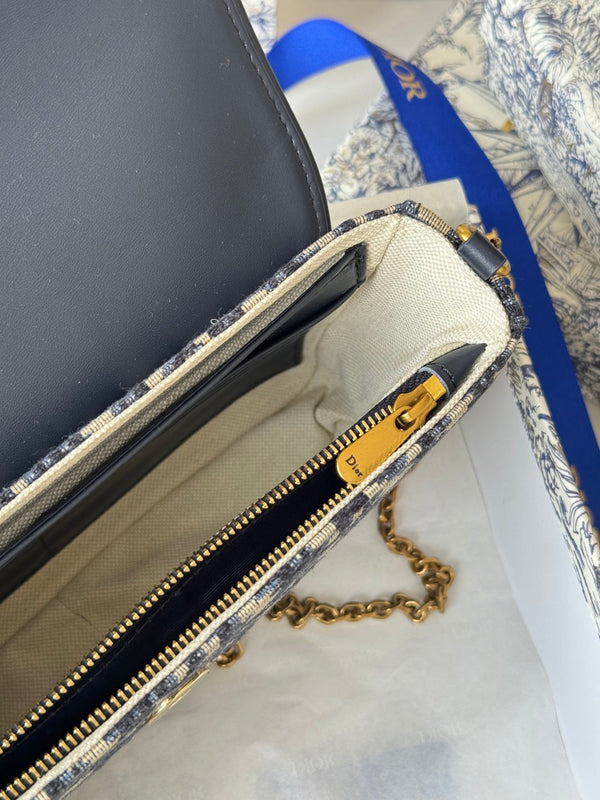 CD Medium Saddle Pouch with Chain 21.5cm Blue Jacquard Cowhide GHW